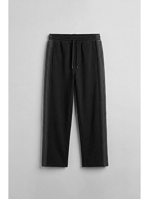 Abluka Online Erkek Baggy Fit Yan Şerit Fitilli Eşofman Altı Siyah