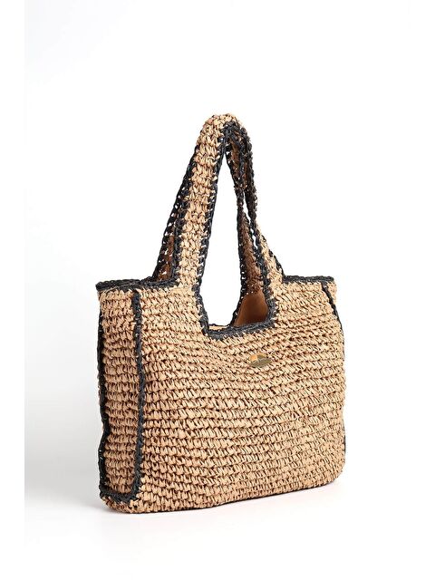 Haşema İmza Detaylı Çift Renk Kahverengi Siyah Örme Hasır Çanta 1041