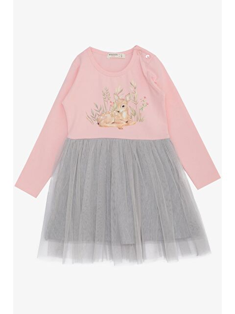 Breeze Kız Çocuk Uzun Kollu Elbise Çiçek Desenli Sevimli Ceylancık Baskılı Pembe (1.5-4 Yaş) - S000121990-20024