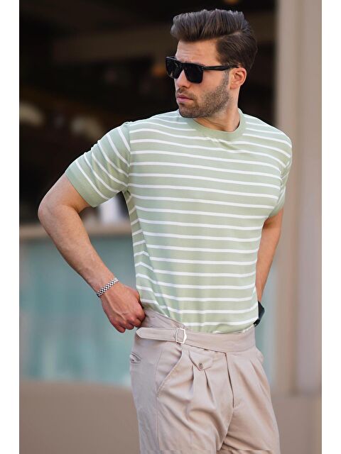 Madmext Yeşil Bisiklet Yaka Çizgili Kısa Kollu Erkek Tişört 6884 - S000216630-18194