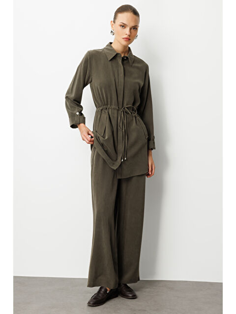 Mizalle Beli Büzgülü Haki Cupro Tunik - S000441722-18547