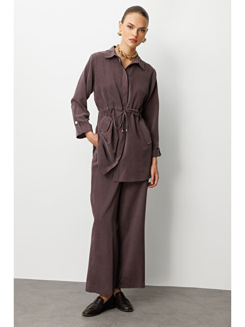 Mizalle Beli Büzgülü Kahverengi Cupro Tunik - S000441722-19413