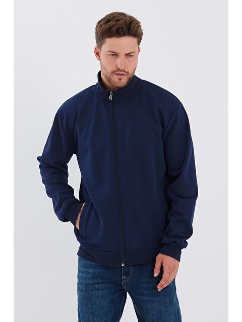 Mmetalic İçi Pamuklu  Dik Yaka Yan Cepli Erkek Lacivert  Fermuarlı Büyük Beden Sweatshirt - S000234254-21164