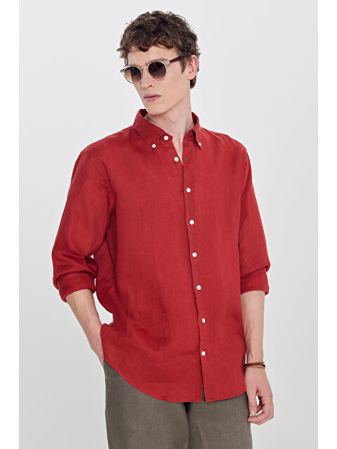 Altınyıldız Classics Erkek Bordo %100 Keten Comfort Fit Rahat Kesim Düğmeli Yaka Gömlek