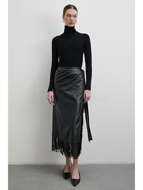 Never More Bağlamalı Püsküllü Deri Etek Siyah - S000346113-19351