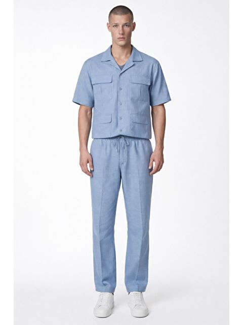 Sabri Özel Giotelli Erkek Mavi Normal Kesim Regular Fit %100 Keten Dokuma Kapaklı Cep Lastikli Bel Takım