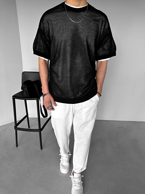 Abluka Online Erkek Desenli Örme Tişört Delikli Triko Tişört Siyah - S000144338-19351
