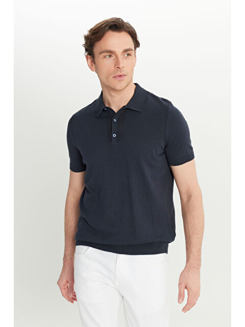 Altınyıldız Classics Erkek Lacivert %100 Pamuk Standart Fit Normal Kesim Polo Yaka Triko Tişört