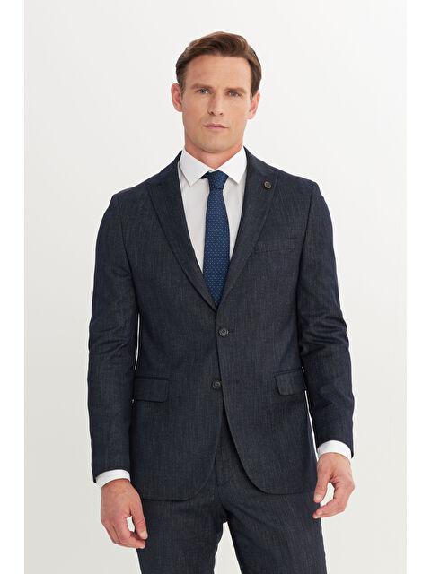 Altınyıldız Classics Erkek Lacivert Slim Fit Dar Kesim Kırlangıç Yaka Desenli Torba Cepli Takım Elbise