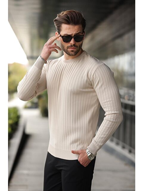 Madmext Taş Rengi Bisiklet Yaka Çizgili Uzun Kollu Kazak E7273 - S000292583-25636