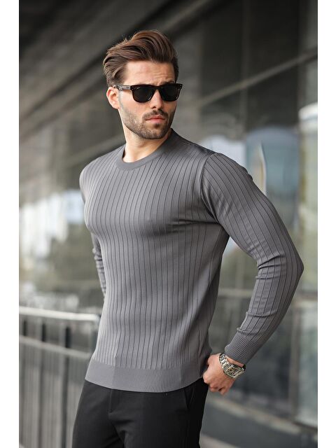 Madmext Antrasit Bisiklet Yaka Çizgili Uzun Kollu Kazak E7273 - S000292583-29666