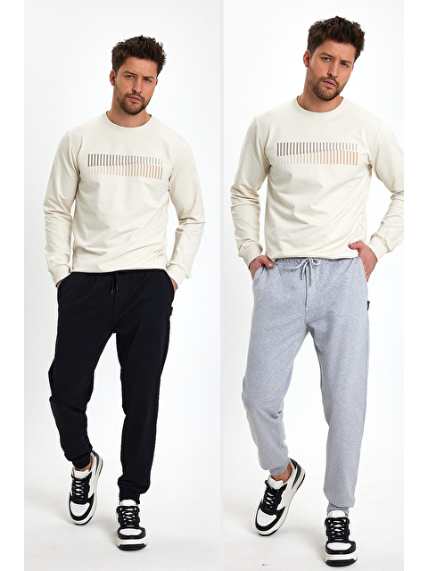 Mmetalic Siyah-Gri Arka Cep Etiket Detaylı Paça Lastikli Regular Fit 2'Li Erkek Jogger Eşofman Altı - S000228970-37430