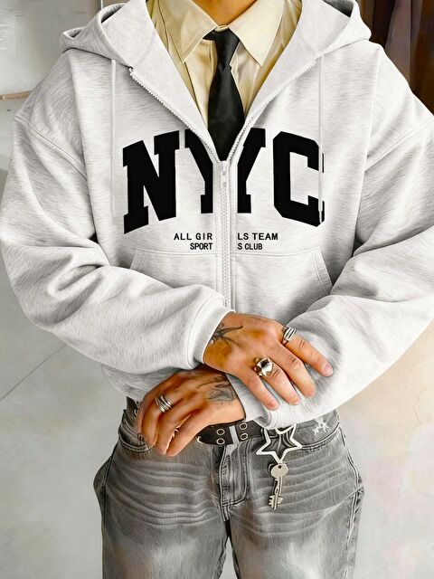 Trendseninle Gri Nyc Baskı Kapüşon Detay Fermuarlı Erkek Hırka - S000486647-20600