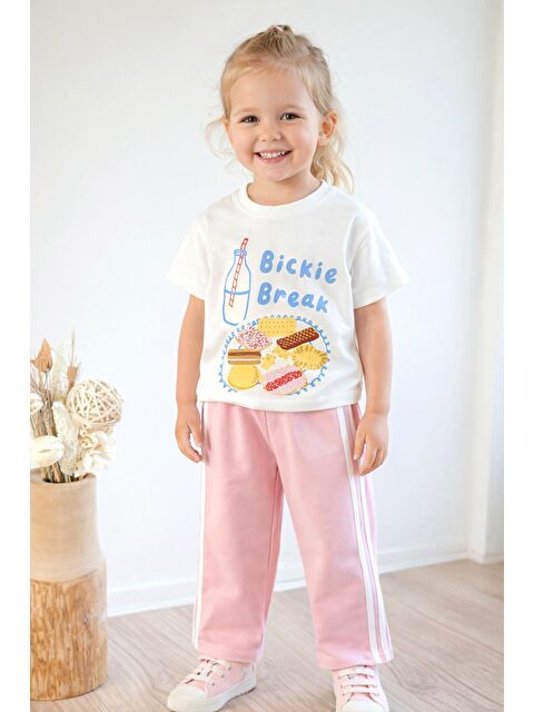 Monila Kız Çocuk Pamuklu Ekru Baskılı T-Shirt Ve Pembe Eşofman Alt Üst Takım