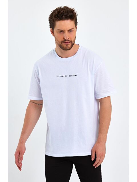 Mmetalic Erkek Beyaz Baskılı Basic Oversize Bisiklet Yaka Kısa Kollu %100 Pamuk Tişört - S000234259-20063