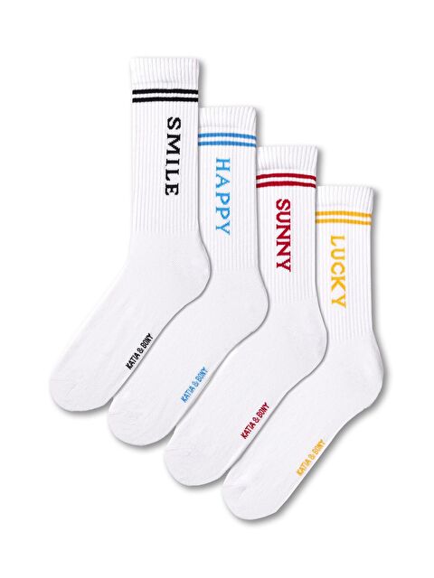 Katia And Bony Kadın Yazı Baskılı Çizgili Beyaz 4'lü Soket Çorap - S000152442-20063