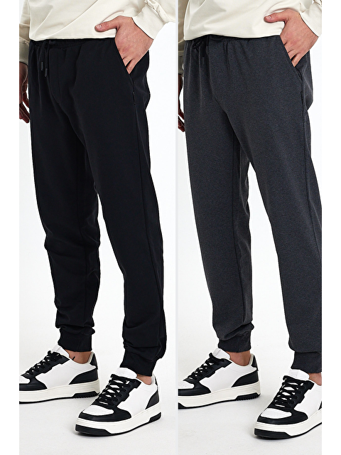 Mmetalic Siyah-Antrasit Arka Cep Etiket Detaylı Paça Lastikli Regular Fit 2'Li Erkek Jogger Eşofman Altı - S000228970-37421