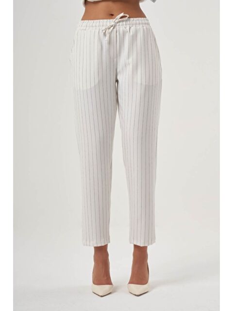 Mizalle MZL Ekru Çizgili Beli Lastikli Klasik Kumaş Pantolon - S000350702-19965