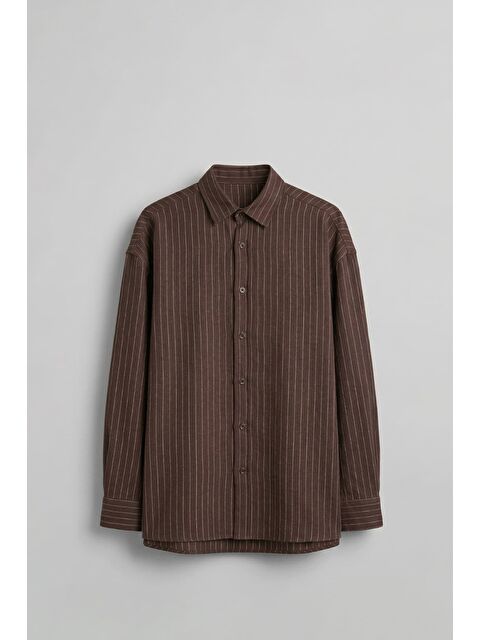 Abluka Online Erkek Oversize Çizgili Keten Karışımlı Uzun Kollu Gömlek Kahverengi