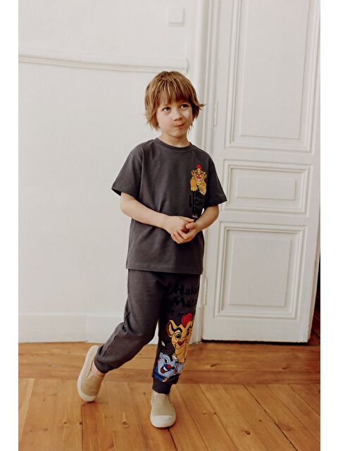 Magu Erkek Çocuk Pamuklu Antrasit Aslan Baskılı Tişört Eşofman Takım - Jogger Alt Parçalı