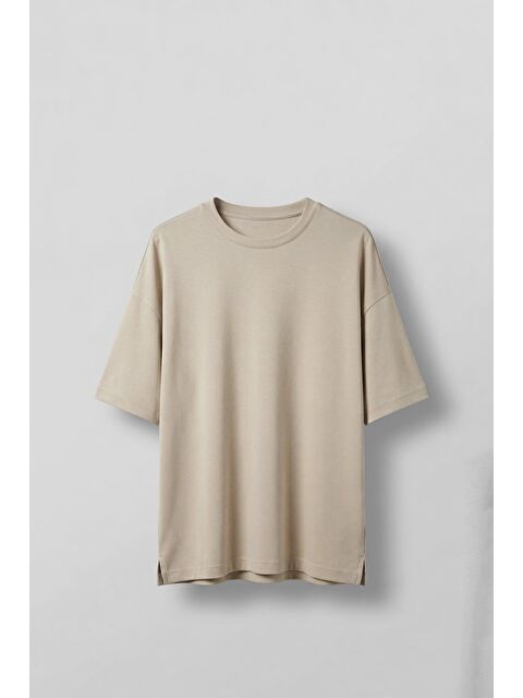 Abluka Online Erkek Oversize Esnek Kumaş Basic T-Shirt Bej