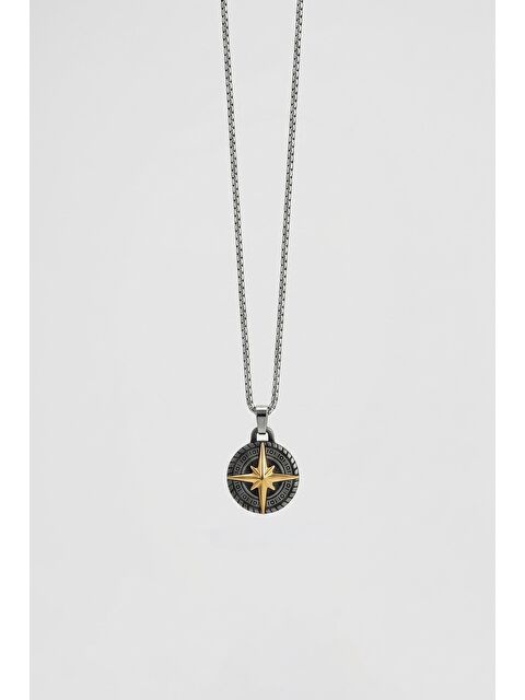 Abluka Online Unisex Eskitme Kuzey Yıldızı Uçlu Zincir Çelik Kolye Siyah/Gümüş