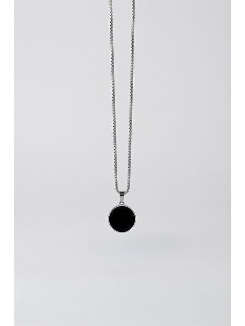 Abluka Online Unisex Yuvarlak Plaka Uçlu Zincir Çelik Kolye Siyah/Gümüş