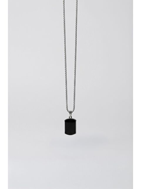 Abluka Online Erkek Plaka Uçlu Çelik Kolye Siyah/Gümüş