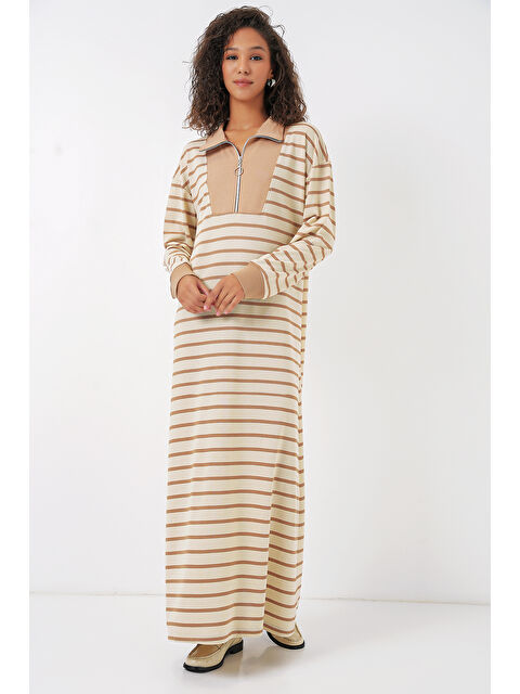 Bigdart 55453 Kadın Fermuar Detaylı Çizgili Uzun Elbise - Bej - S000324906-19928