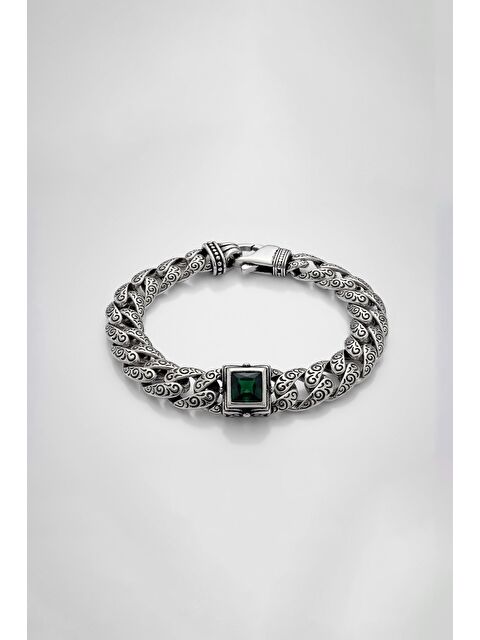Abluka Online Erkek Burgulu Gravür Desenli Taş Detaylı Çelik Bileklik Siyah/Gümüş