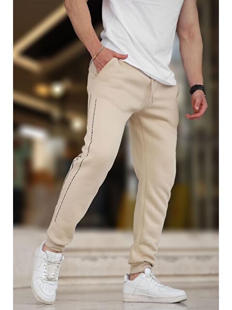 Madmext Bej  Paçası Lastikli Yandan Şeritli  Baskılı Erkek Jogger Eşofman Altı 6551 - S000267574-19928