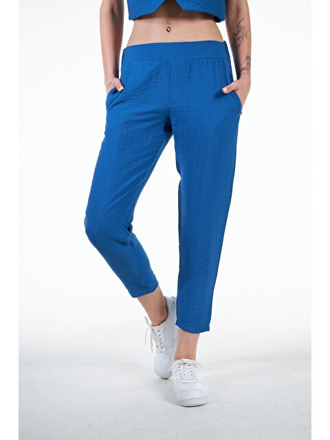 Chandraswear Mavi Kadın Keten Görünümlü Carrot Fit Havuç Pantolon - Perla - S000029023-17234