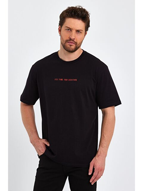 Mmetalic Erkek Baskılı Basic Oversize Bisiklet Yaka Kısa Kollu %100 Pamuk Tişört - S000234259-19351