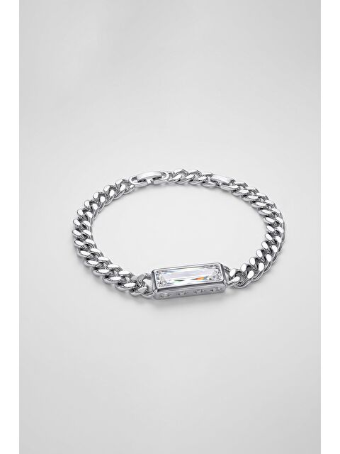 Abluka Online Unisex Baget Taşlı Zincir Çelik Bileklik Gümüş