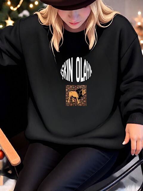 Trendseninle Kadın Siyah Aslan Baskılı Oversize Yumuşak Sweatshirt - S000492661-19351