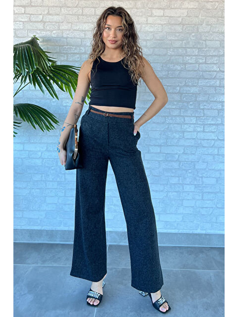 Gülseli Kadın Yüksek Bel Kendinden Desenli Bel Lastikli Kışlık Bol Paça Palazzo Pantolon - S000299870-19351