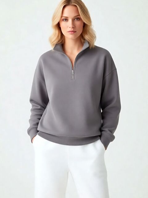 Trendseninle Kadın Füme Oversize Yarım Fermuarlı Yumuşak Sweatshirt - S000489637-33408