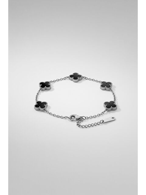 Abluka Online Unisex Minimal Çelik Yonca Bileklik Siyah