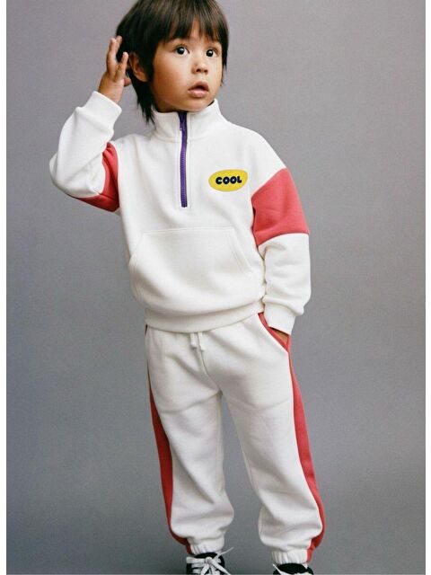 Magu Unisex Çocuk Pamuklu Beyaz Pembe Cool Yazılı Zip Eşofman Takımı - S000443467-20063