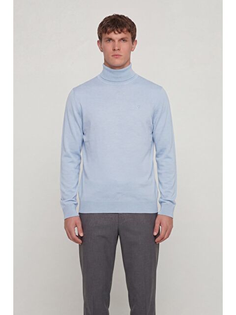 Sabri Özel Giotelli Erkek Mavi Normal Kesim Regular Fit Yünlü Dokuma Yarım Balıkçı Yaka Triko Kazak