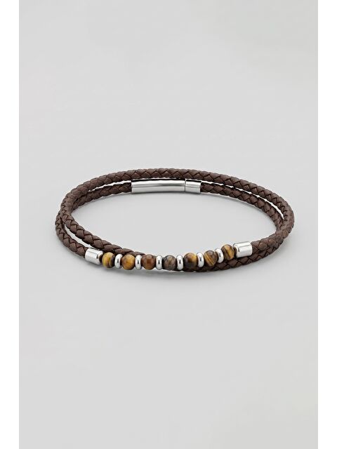 Abluka Online Erkek Boncuklu Örgü Deri Çift Kat Bileklik Kahverengi