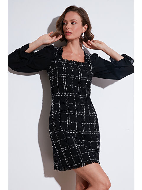 Lela Regular Fit Kare Yaka Balon Şifon Kollu Mini Kadın Elbise 611El0532 - S000265285-19351