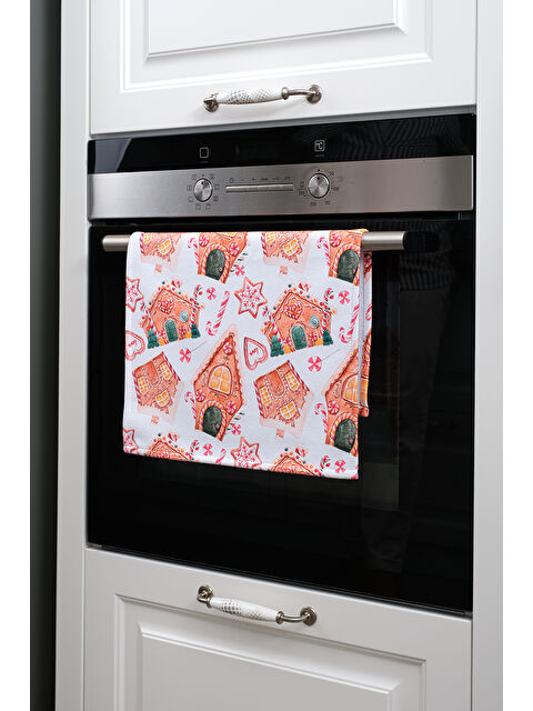 Asdiva Yılbaşı Temalı Zencefil Kurabiye Evi Detaylı Dekoratif Mutfak Fırın Kurulama Bezi Beyaz - 35x55cm - S000484574-37232