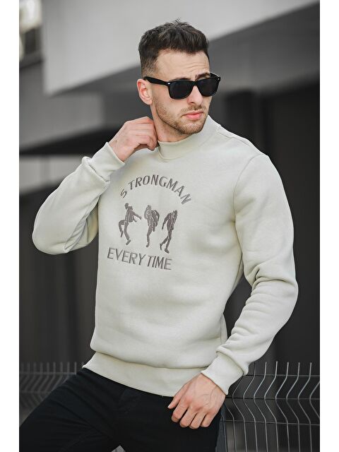 Oksit Strong Man Nakışlı Üç İplik Şardonlu Yarım Balıkçı Yaka Erkek Sweatshirt - S000126678-18194