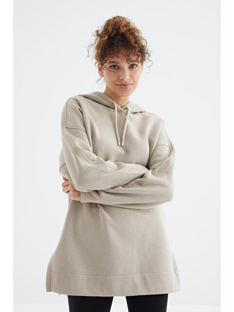 Tommylife Koyu Bej Reglan Kol Basic Kapüşonlu Oversize Tunik - 97242