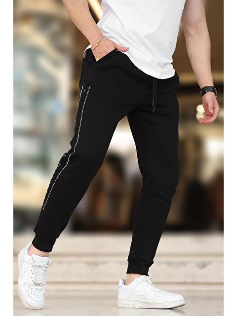 Madmext Siyah  Paçası Lastikli Yandan Şeritli  Baskılı Erkek Jogger Eşofman Altı 6551 - S000267574-19351