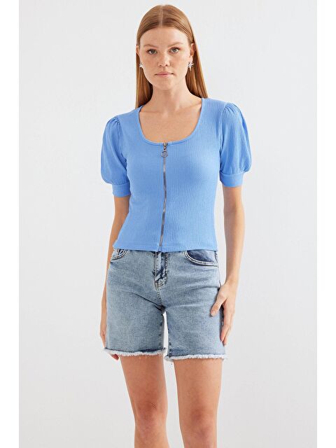 Bigdart 4316 Fermuarlı Örme Bluz - Mavi - S000162370-17234