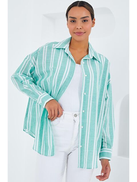 Bigdart Kadın Mint Yeşili Beyaz Çizgili Oversize Keten Gömlek 20251 - S000175787-17259