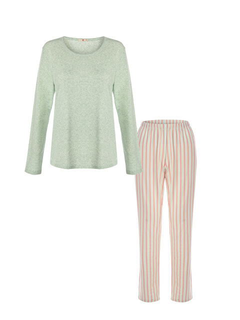 Koza İç Giyim Kadın Pamuklu Kaşkorse Üst Etiket Detaylı Çizgili Pijama Takımı - S000443482-37284