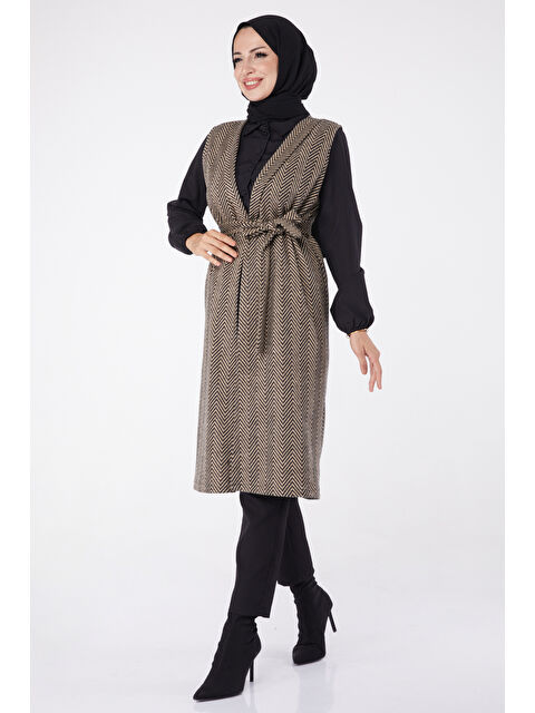 Tofisa Desenli Kuşaklı Yelek Vizon - 27758-VIZON